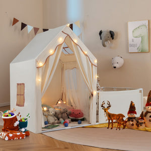 Tenda da gioco per bambini 2 in 1 con recinto e giardino casa gioco-Tenda gioco con luci a stelle e tappetino in cotone lavabile Beige