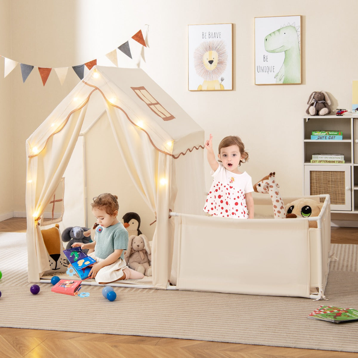 Tenda da gioco per bambini 2 in 1 con recinto e giardino casa gioco-Tenda gioco con luci a stelle e tappetino in cotone lavabile Beige