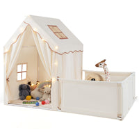 Tenda da gioco per bambini 2 in 1 con recinto e giardino casa gioco-Tenda gioco con luci a stelle e tappetino in cotone lavabile Beige