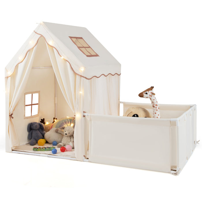 Tenda da gioco per bambini 2 in 1 con recinto e giardino casa gioco-Tenda gioco con luci a stelle e tappetino in cotone lavabile Beige
