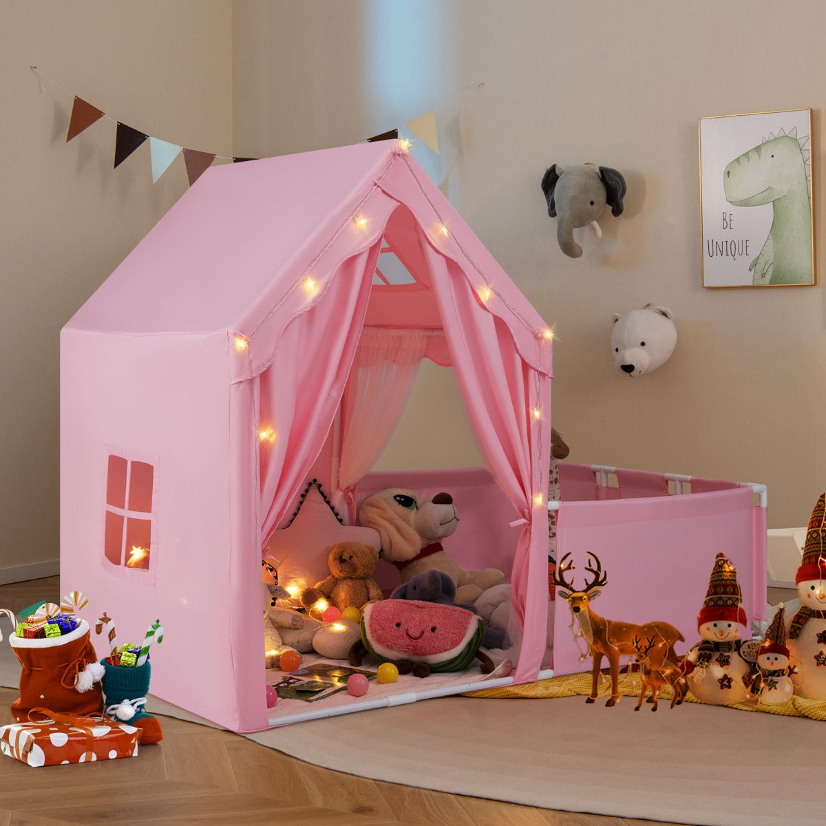 Tenda da gioco per bambini 2 in 1 con recinto e giardino casa gioco-Tenda gioco con luci a stelle e tappetino in cotone lavabile Rosa