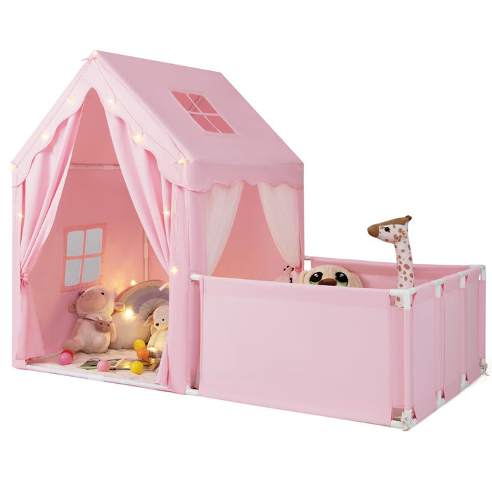 Tenda da gioco per bambini 2 in 1 con recinto e giardino casa gioco-Tenda gioco con luci a stelle e tappetino in cotone lavabile Rosa