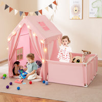 Tenda da gioco per bambini 2 in 1 con recinto e giardino casa gioco-Tenda gioco con luci a stelle e tappetino in cotone lavabile Rosa