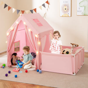 Tenda da gioco per bambini 2 in 1 con recinto e giardino casa gioco-Tenda gioco con luci a stelle e tappetino in cotone lavabile Rosa