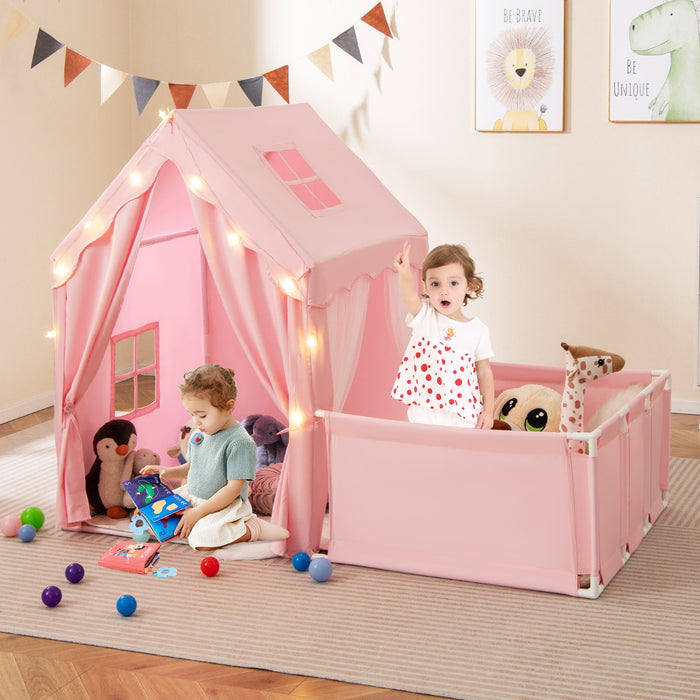 Tenda da gioco per bambini 2 in 1 con recinto e giardino casa gioco-Tenda gioco con luci a stelle e tappetino in cotone lavabile Rosa
