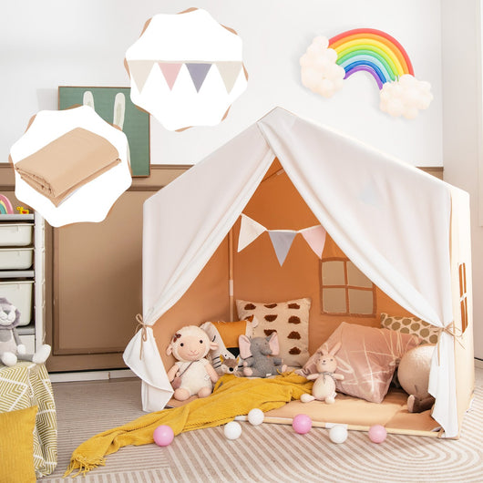 Tenda gioco per bambini con tappetino lavabile e bandiera, Tenda con finestre struttura in legno Marrone-Tende e Casette per bambini