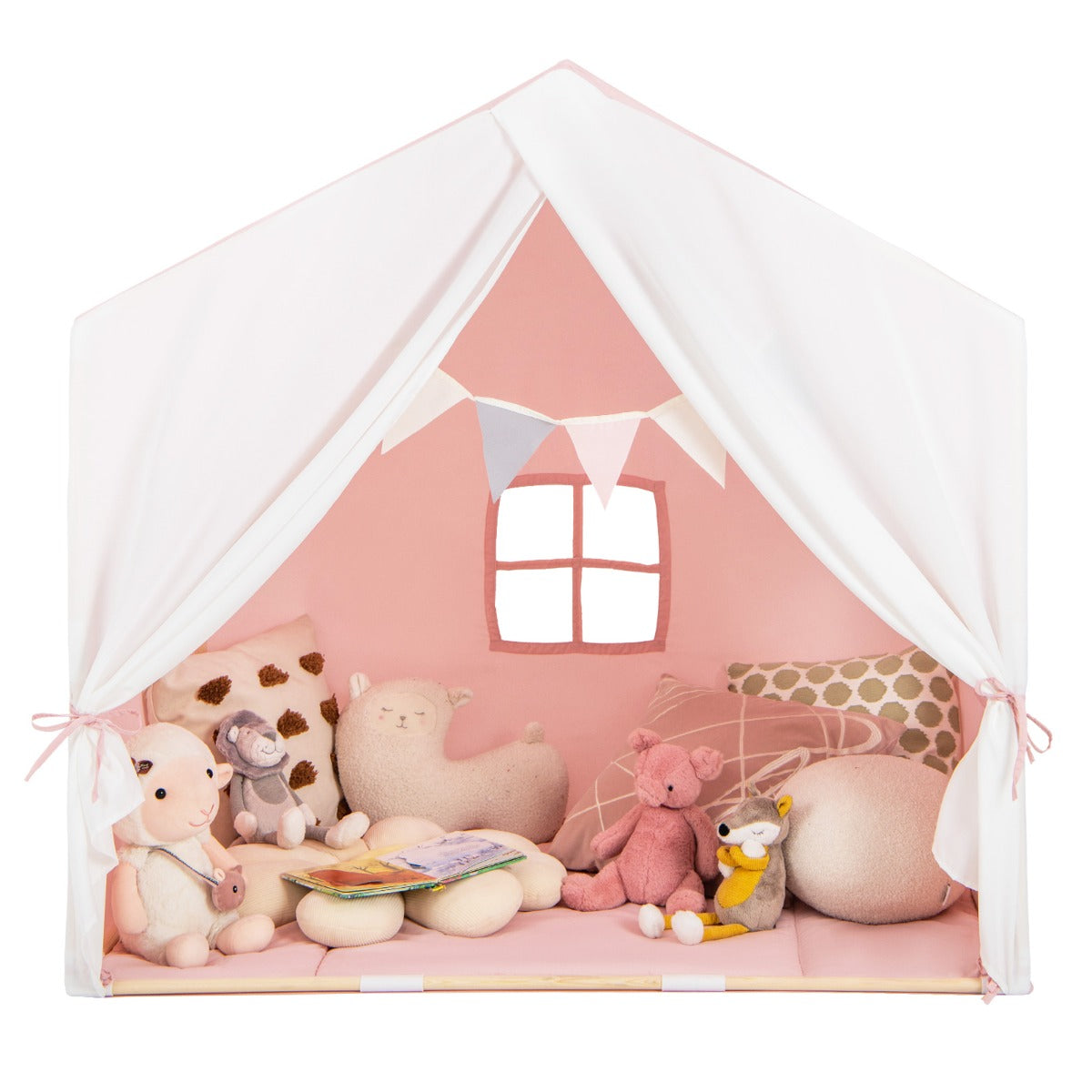 Tenda gioco per bambini con tappetino lavabile e bandiera, Tenda con finestre struttura in legno Rosa-Tende e Casette per bambini