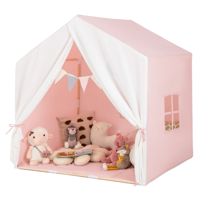 Tenda gioco per bambini con tappetino lavabile e bandiera, Tenda con finestre struttura in legno Rosa-Tende e Casette per bambini