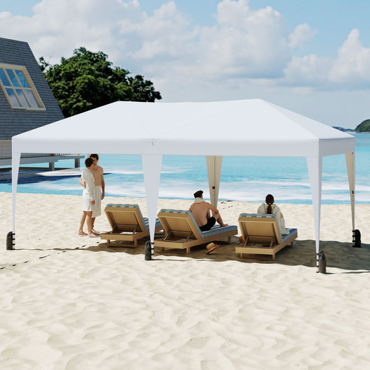 Gazebo pop-up portatile da esterno con borsa con ruote per campeggio 12 picchetti, Tenda pieghevole 590x300 cm Bianco-Gazebo