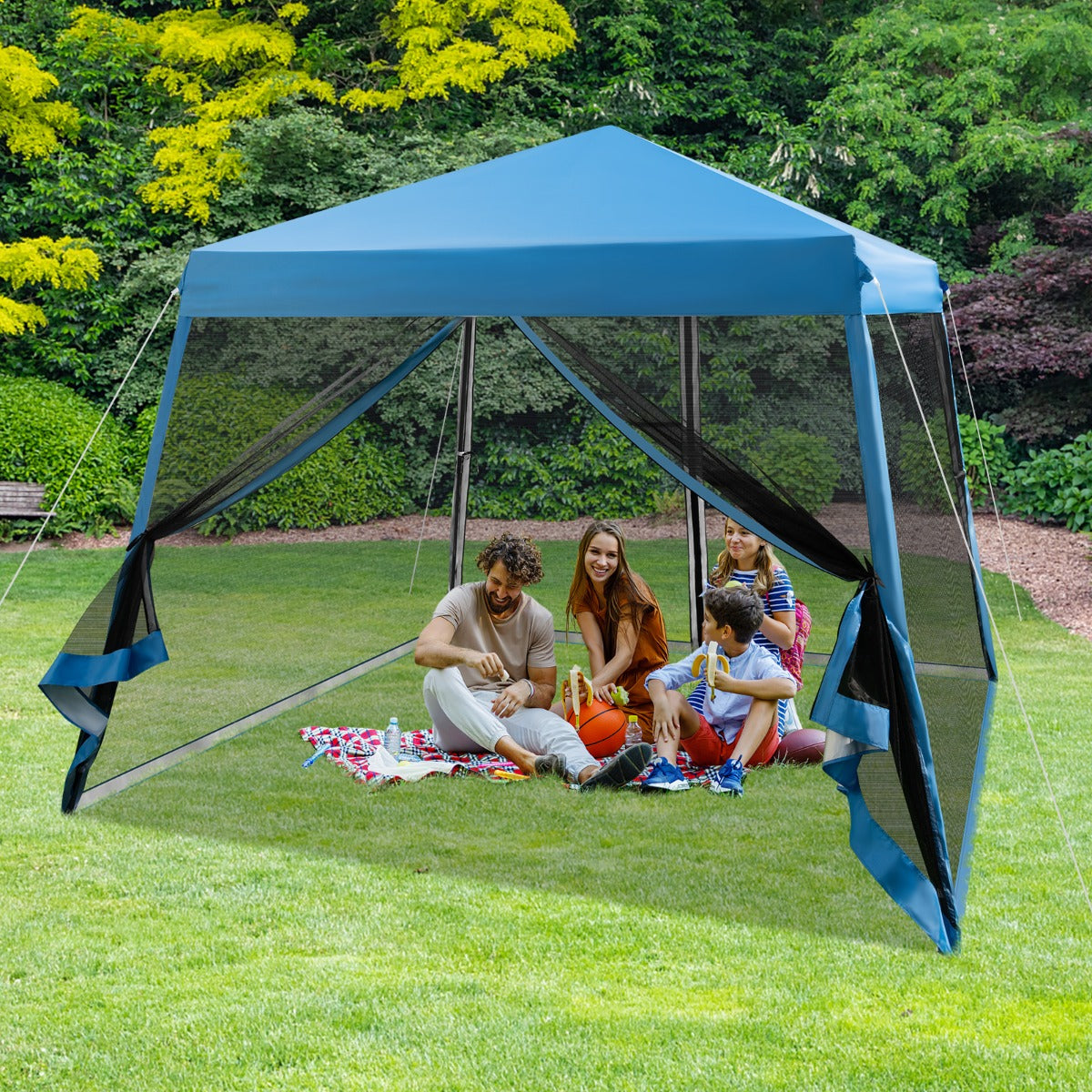 Tenda pieghevole con gambe inclinate e pareti laterali in rete borsa a rullo, Gazebo regolabile in altezza Blu-Gazebo