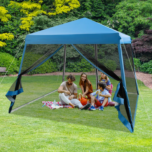 Tenda pieghevole con gambe inclinate e pareti laterali in rete borsa a rullo, Gazebo regolabile in altezza Blu-Gazebo