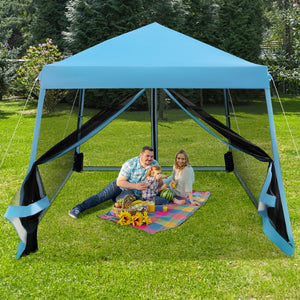 Tenda pieghevole con gambe inclinate e pareti laterali in rete borsa a rullo, Gazebo regolabile in altezza Blu-Gazebo