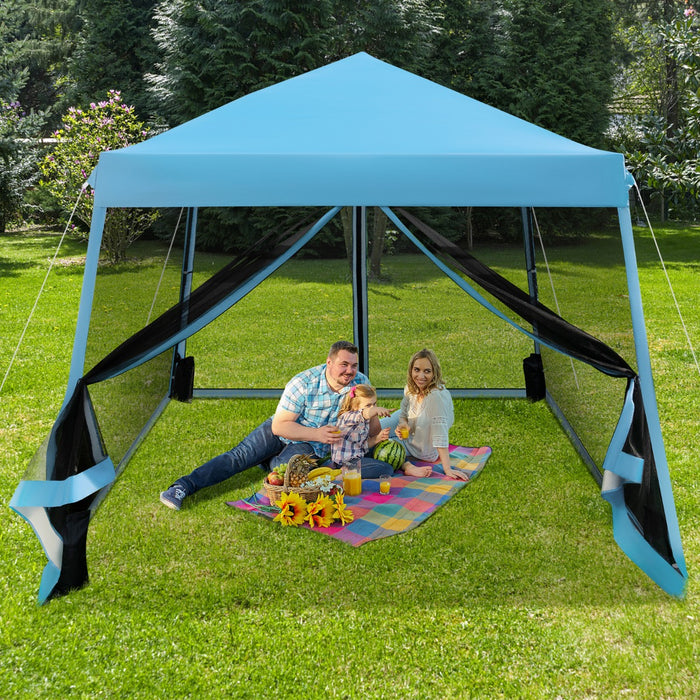 Tenda pieghevole con gambe inclinate e pareti laterali in rete borsa a rullo, Gazebo regolabile in altezza Blu-Gazebo