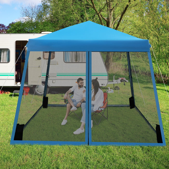 Tenda pieghevole con gambe inclinate e pareti laterali in rete borsa a rullo, Gazebo regolabile in altezza Blu-Gazebo