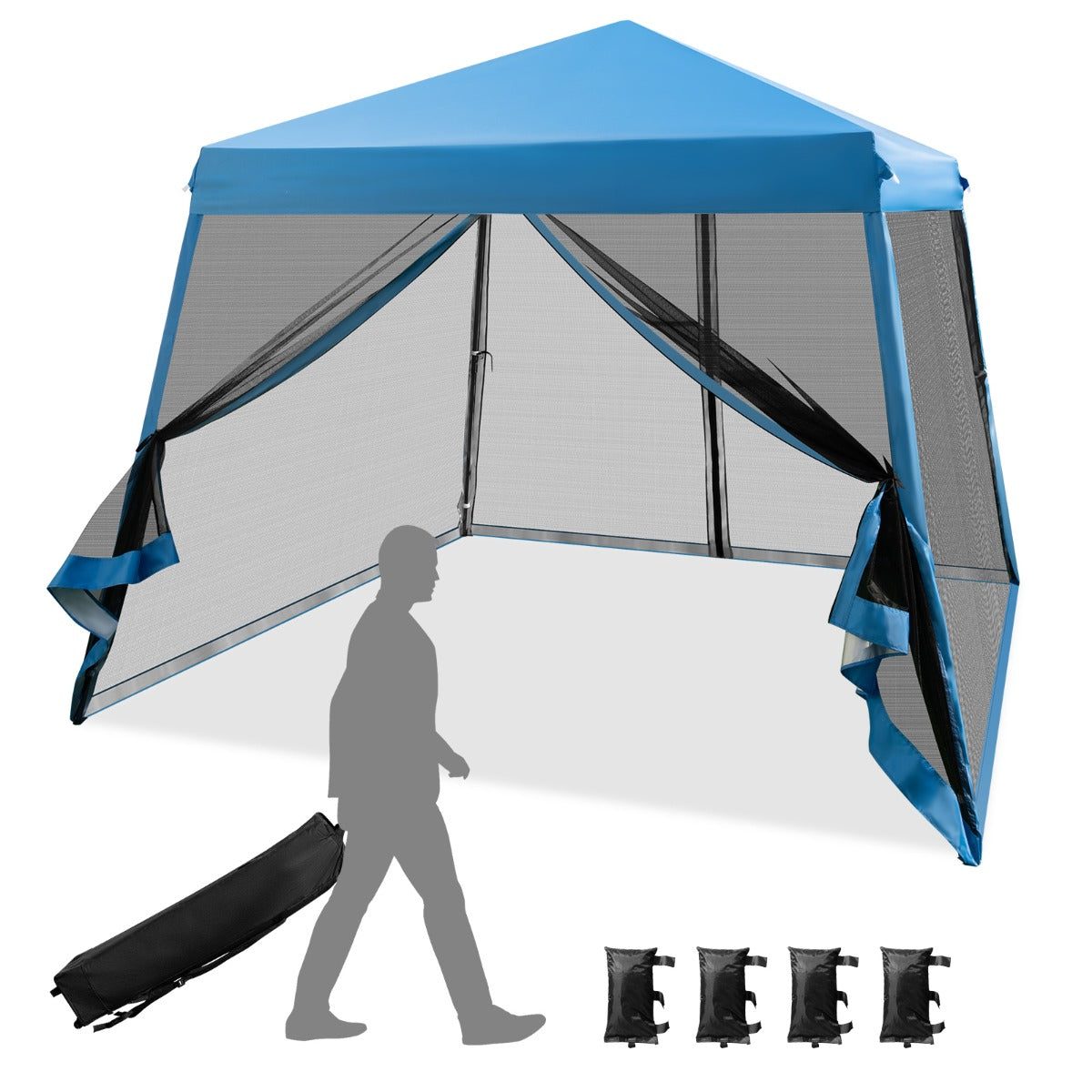 Tenda pieghevole con gambe inclinate e pareti laterali in rete borsa a rullo, Gazebo regolabile in altezza Blu-Gazebo