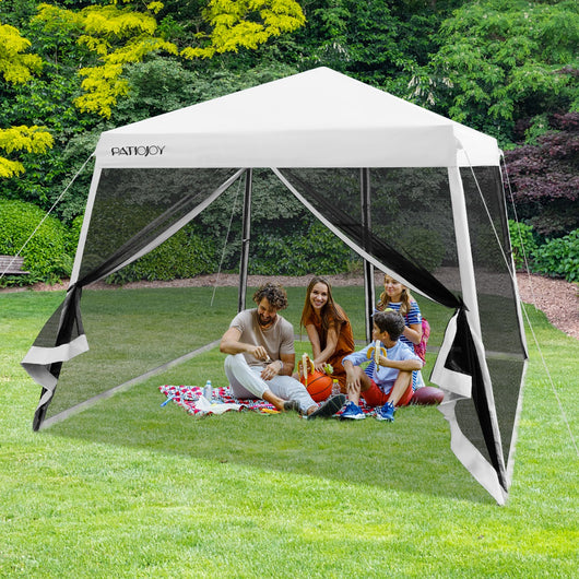Tenda pieghevole con gambe inclinate e pareti laterali in rete borsa a rullo, Gazebo regolabile in altezza Bianco-Gazebo