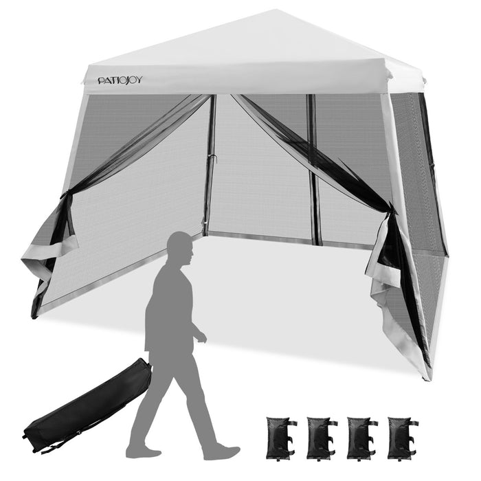 Tenda pieghevole con gambe inclinate e pareti laterali in rete borsa a rullo, Gazebo regolabile in altezza Bianco-Gazebo
