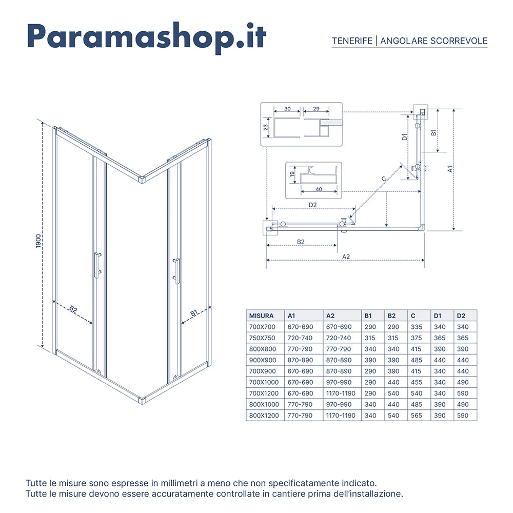 Box doccia 80x120 cm angolare scorrevole vetro 6mm stampato h190 | Tenerife