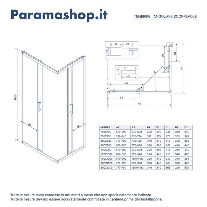 Box doccia 75x75 cm angolare scorrevole vetro 6mm trasparente h190 | Tenerife