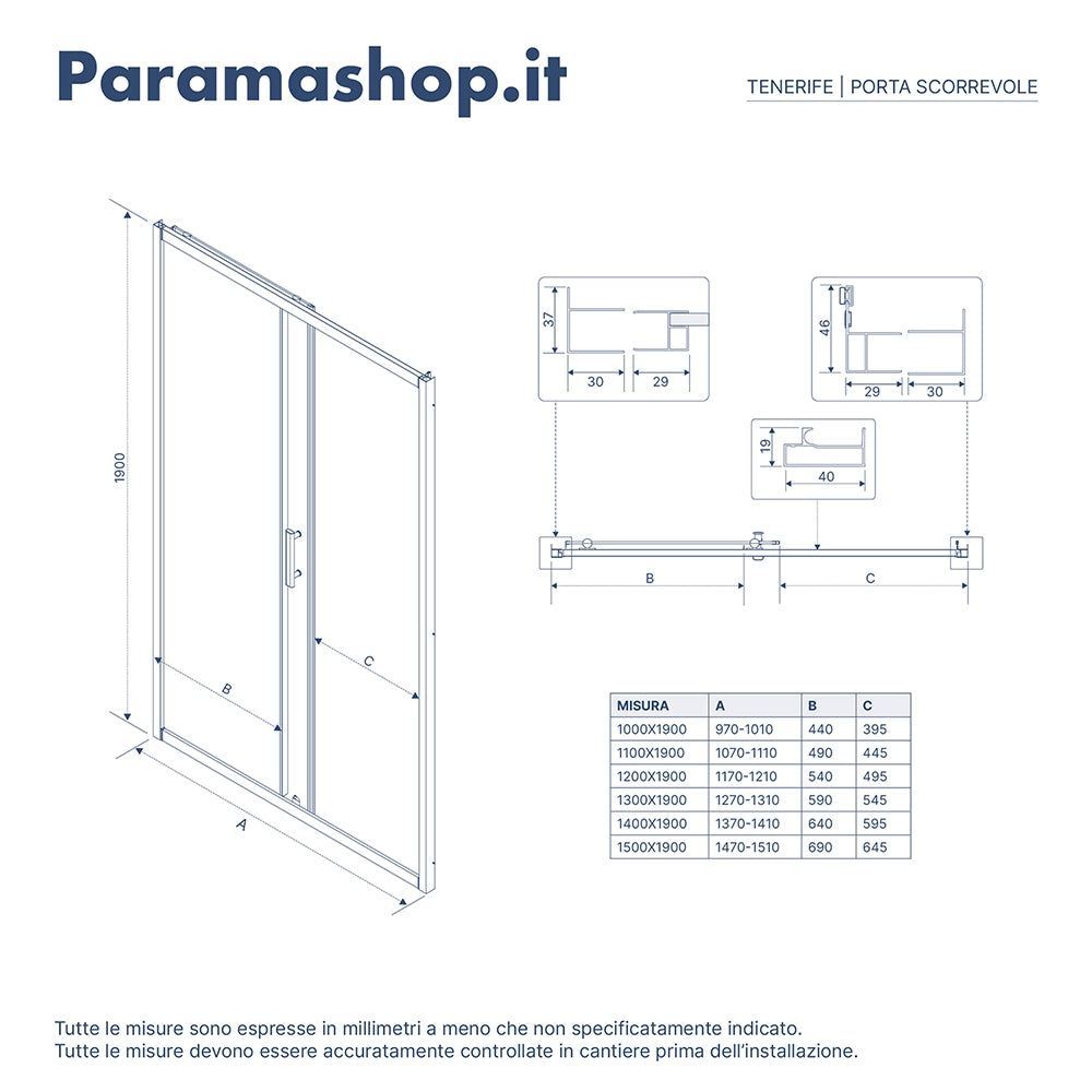 Porta doccia 150cm reversibile scorrevole vetro anticalcare stampato h190 | Tenerife