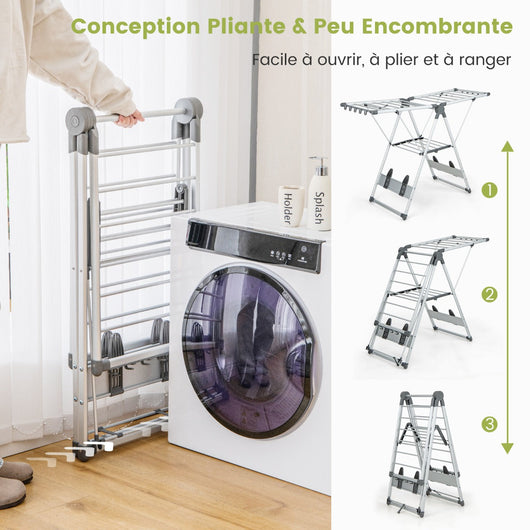 Stendibiancheria pieghevole in alluminio a 2 livelli 5 Altezza regolabile 21 binari di asciugatura Stendibiancheria pieghevole per interni/esterni 20_0006865