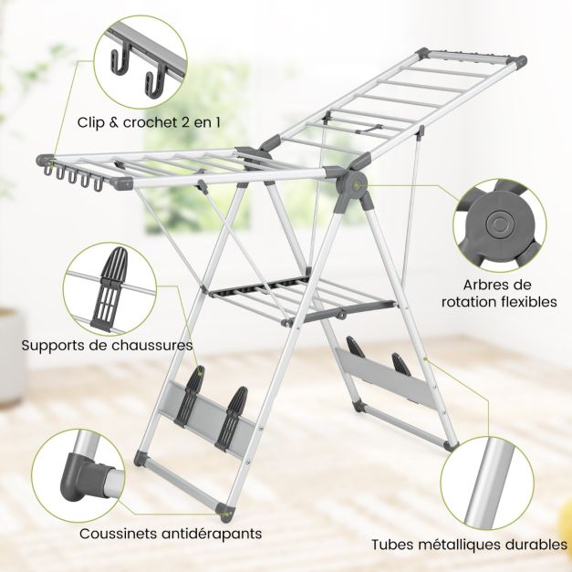 Stendibiancheria pieghevole in alluminio a 2 livelli 5 Altezza regolabile 21 binari di asciugatura Stendibiancheria pieghevole per interni/esterni 20_0006865