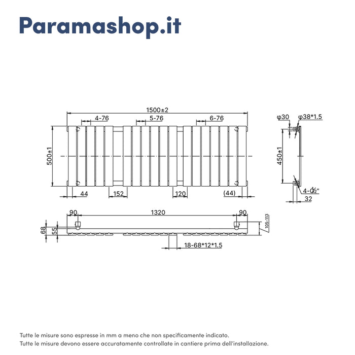 Termoarredo scaldasalviette 1500x500 nero opaco interasse 450 | Sirio