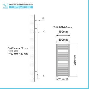 Termoarredo design nero opaco L 50x120 interasse 45 cm con kit valvole