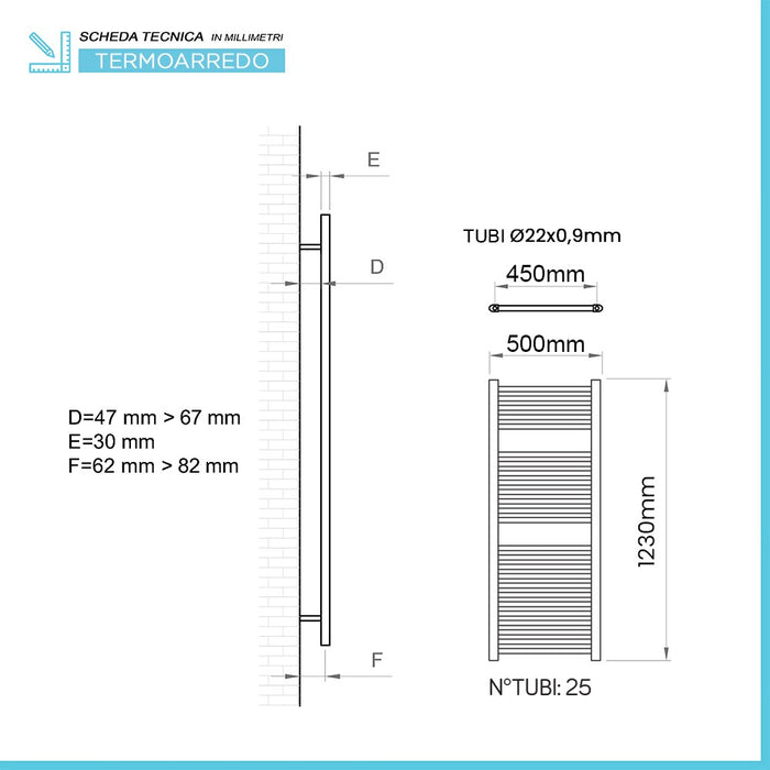 Termoarredo design nero opaco L 50x120 interasse 45 cm con kit valvole