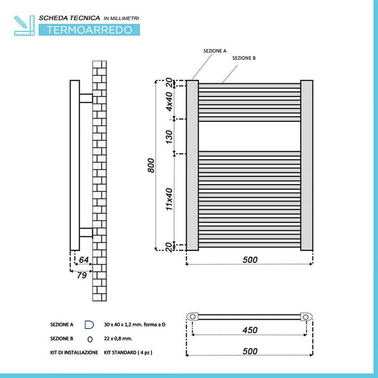Termoarredo elettrico bianco 400w H80 x 50 interasse 45 cm