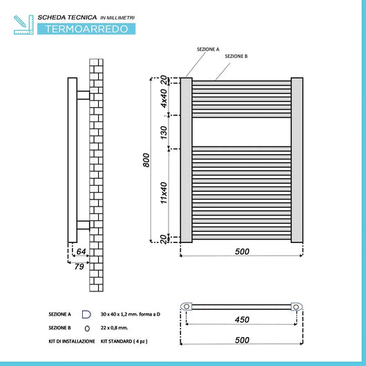 Termoarredo elettrico bianco 400w H80 x 50 interasse 45 cm