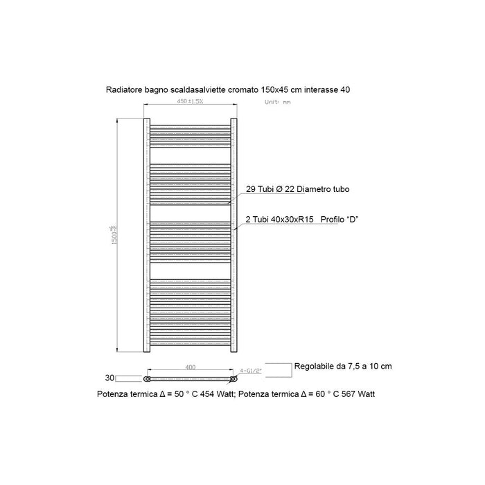 Scaldasalviette termoarredo 150x45 cromato interasse 40 cm idraulico