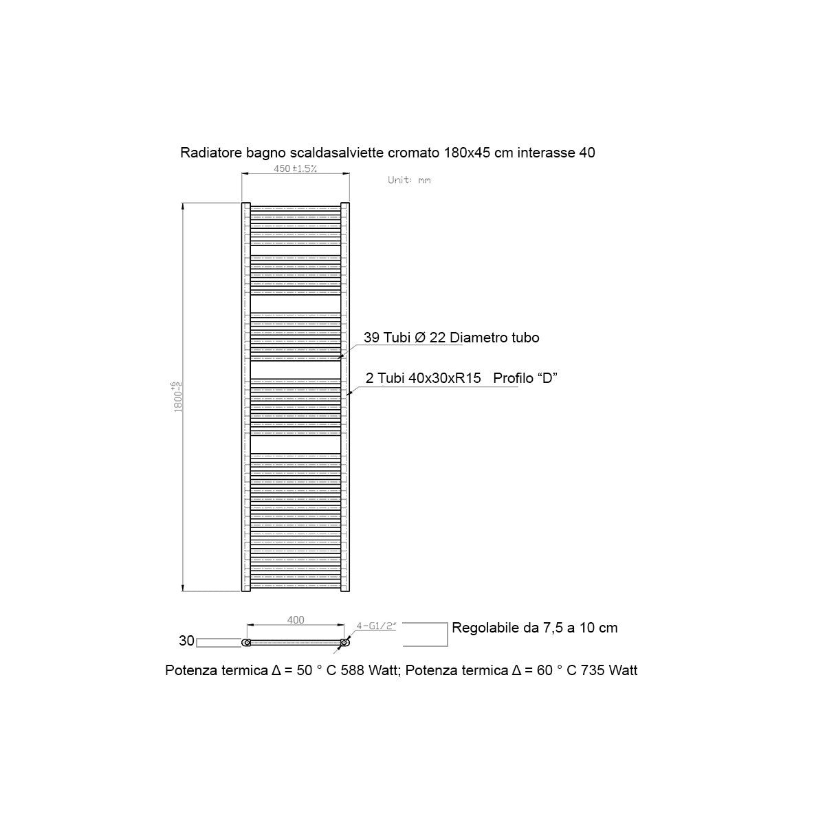 Scaldasalviette termoarredo 180x45 cromato interasse 40 cm idraulico
