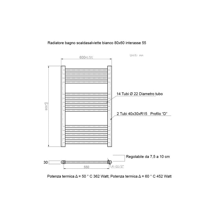 Scaldasalviette termoarredo 80x60 bianco interasse 55 cm idraulico