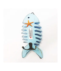 Termometro Analogico Legno Da Parete Pesce Azzurro Doppio Gancio Per Chiavi         