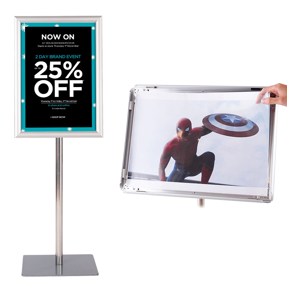 A3 Espositore da terra autoportante poster stand girevole e regolabile 78,5-123cm in metallo, Set da 2 Argento-Espositore pubblicitario