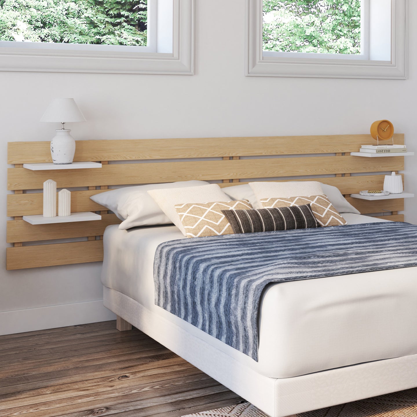 IDMarket - Testiera NINA 240 CM in legno chiaro con 5 doghe larghe e ripiani bianchi