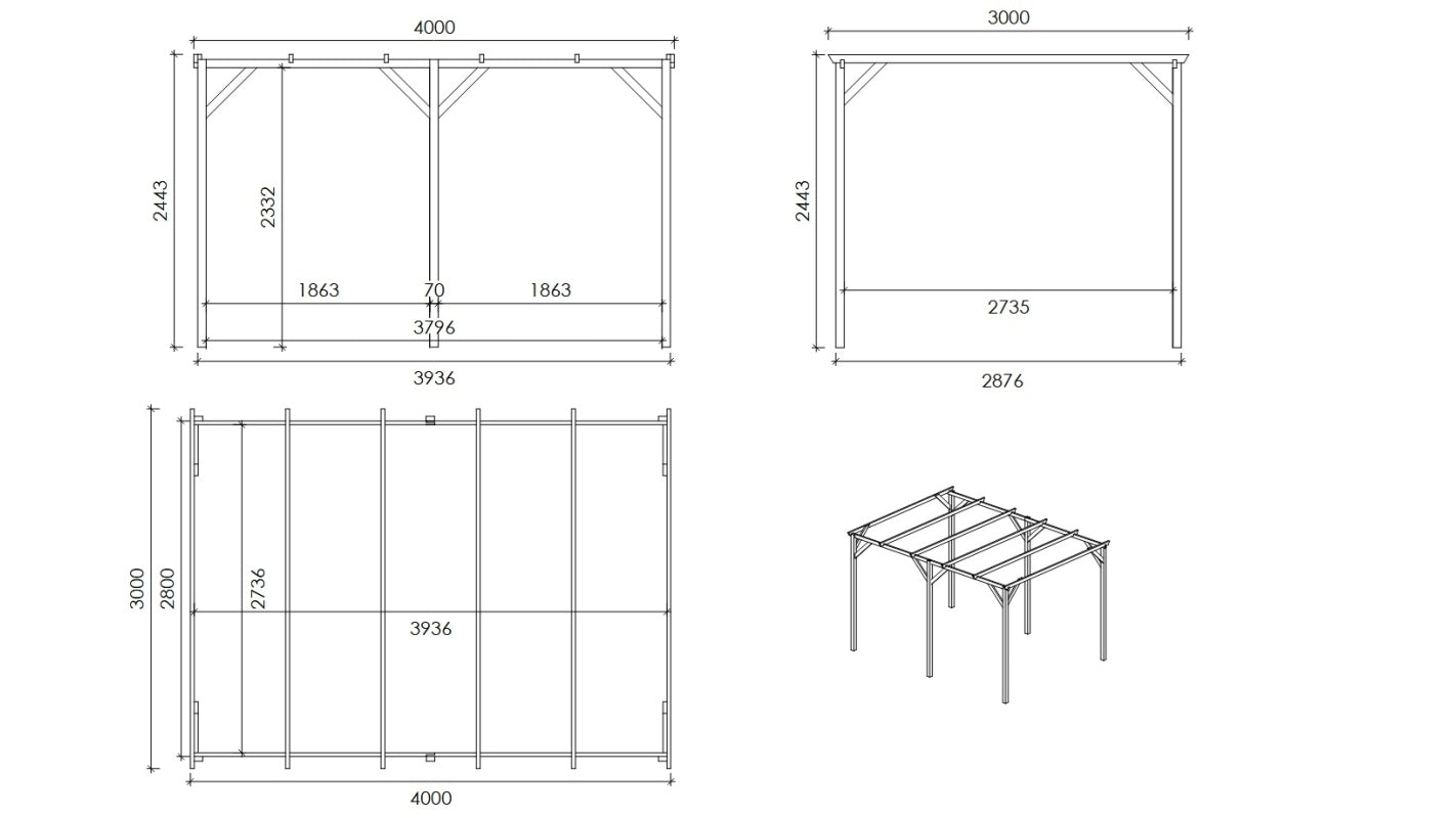 Tettoia posto auto coperto in legno 3.00x4.00 m - 12.00 m2 - CAR13 - ALTANKA