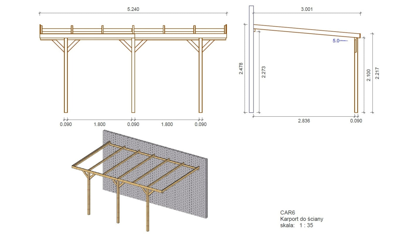 Tettoia posto auto coperto in legno 3.00x5.24 m - 15.00 m2 - addossato  - CAR6 - ALTANKA