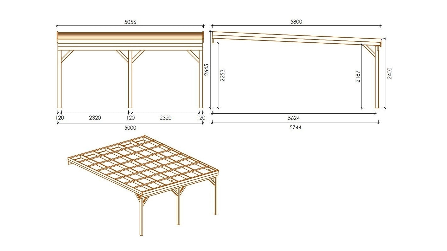 Tettoia posto auto coperto in legno 5.80x5.06 m - 29.00 m2 - addossato  - CAR23 - ALTANKA