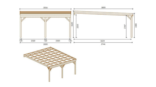 Tettoia posto auto coperto in legno 5.80x5.06 m - 29.00 m2 - addossato  - CAR23 - ALTANKA