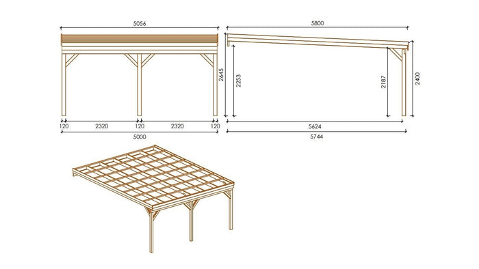 Tettoia posto auto coperto in legno 5.80x5.06 m - 29.00 m2 - addossato  - CAR23 - ALTANKA