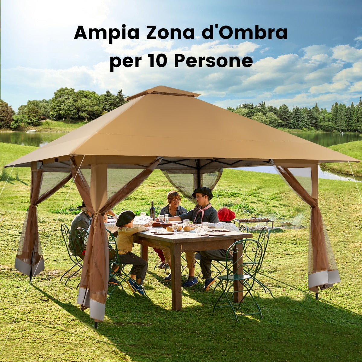 Tettoia pop-up per gazebo con altezza regolabile borsa da trasporto con rotelle, Riparo portatile 400x400cm Marrone-Gazebo