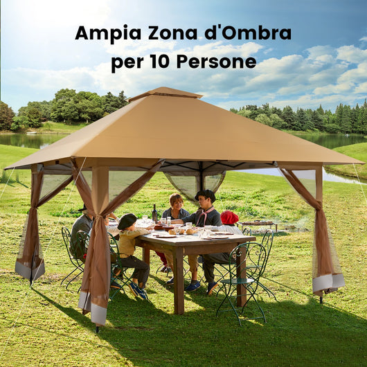Tettoia pop-up per gazebo con altezza regolabile borsa da trasporto con rotelle, Riparo portatile 400x400cm Marrone-Gazebo