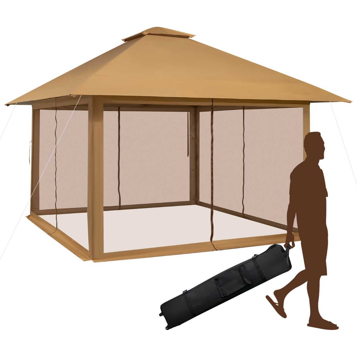 Tettoia pop-up per gazebo con altezza regolabile borsa da trasporto con rotelle, Riparo portatile 400x400cm Marrone-Gazebo