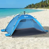 Tenda da Spiaggia Pop Up con Porta a Cerniera, in Poliestere e Fibra di Vetro, 220x173x120 cm, Blu Cielo e Grigio