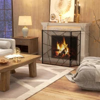 Parascintille per Camino Pieghevole a 3 Pannelli in Acciaio con Design Geometrico, 135x1.2x85cm, Nero