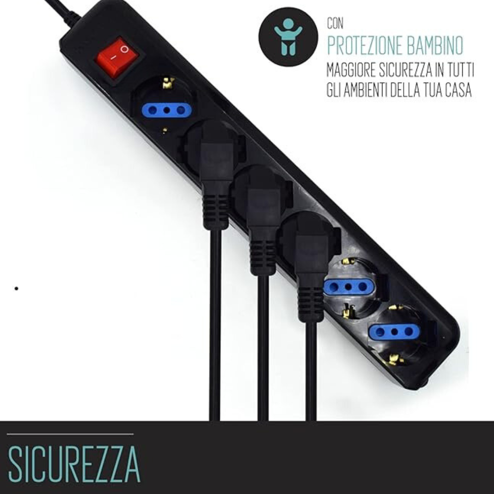 Multipresa 6 posti schuko con interrutore spina 16a colore nero