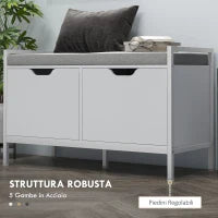 Panca Scarpiera a 2 Armadietti con Cuscino, in Tessuto Effetto Lino, Legno e Acciaio, 84x35x50 cm, Bianco