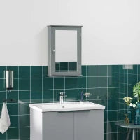kleankin Armadio murale per il bagno con specchio, armadietto da toilette, con 1 porta e 2 ripiani, Vetro e Legno, grigio